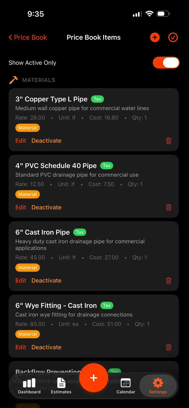 Smart Scope app: price book with materials and rates