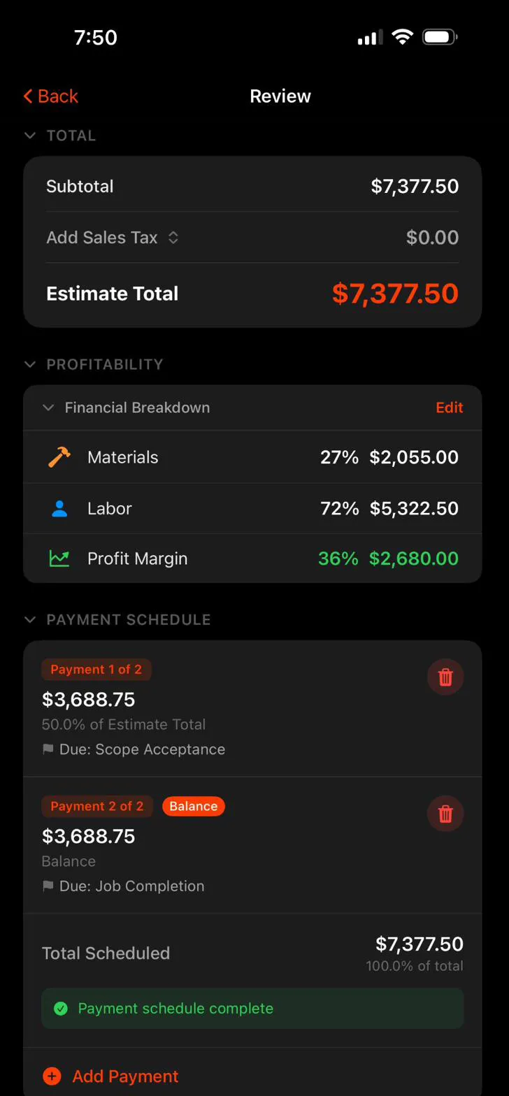 Smart Scope app: profitability breakdown with margin and payment schedule