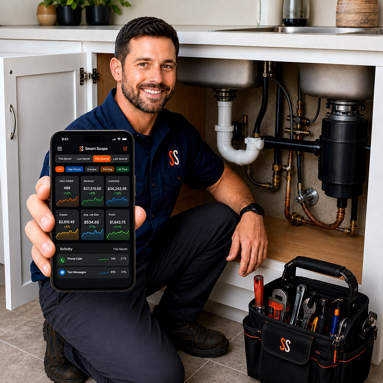Plumber showing the Smart Scope dashboard on his phone while working under a kitchen sink