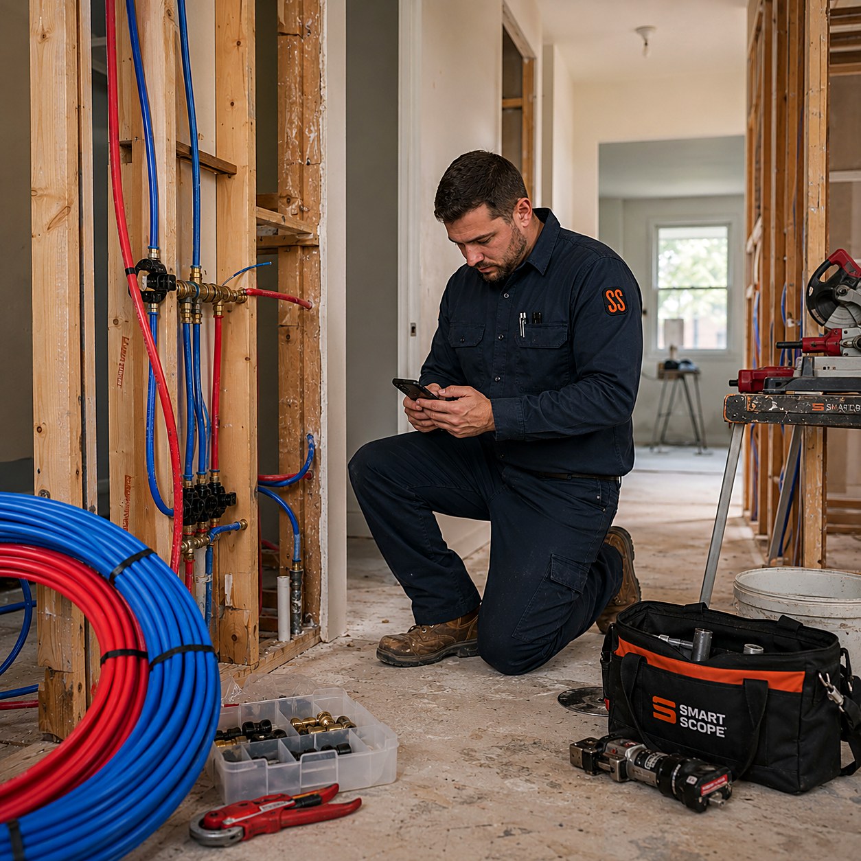 Plumber logging a whole-house repipe in the Smart Scope app beside coils of red and blue PEX