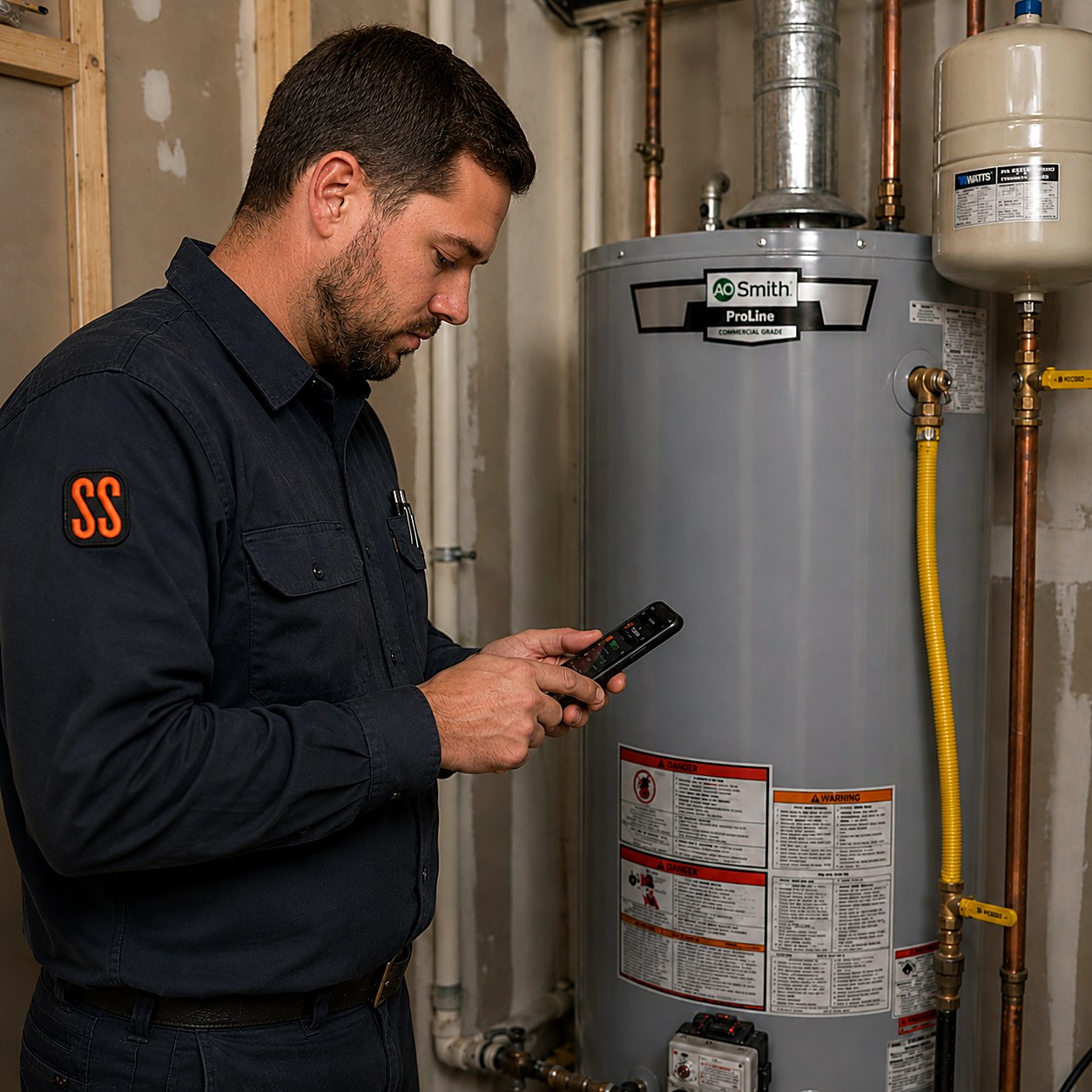 Plumber checking the Smart Scope app while scoping a gas water heater replacement