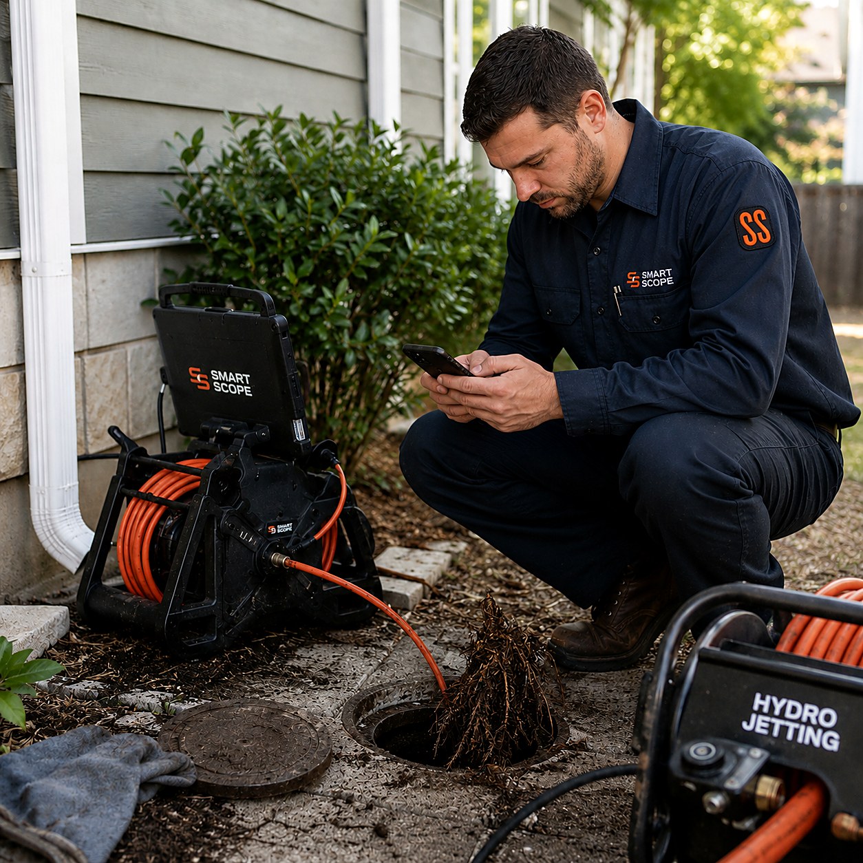 Plumber reviewing the Smart Scope app while a drain camera feeds into a main line cleanout with pulled roots beside it