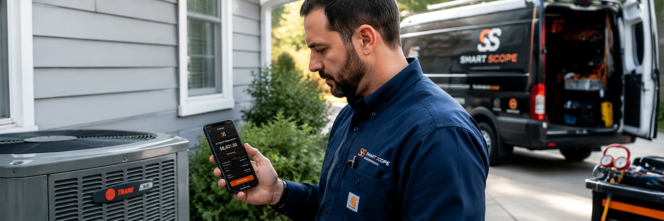 HVAC tech reviewing an $8,621 AC system replacement estimate in the Smart Scope app beside a Trane condenser, with a branded service van behind him