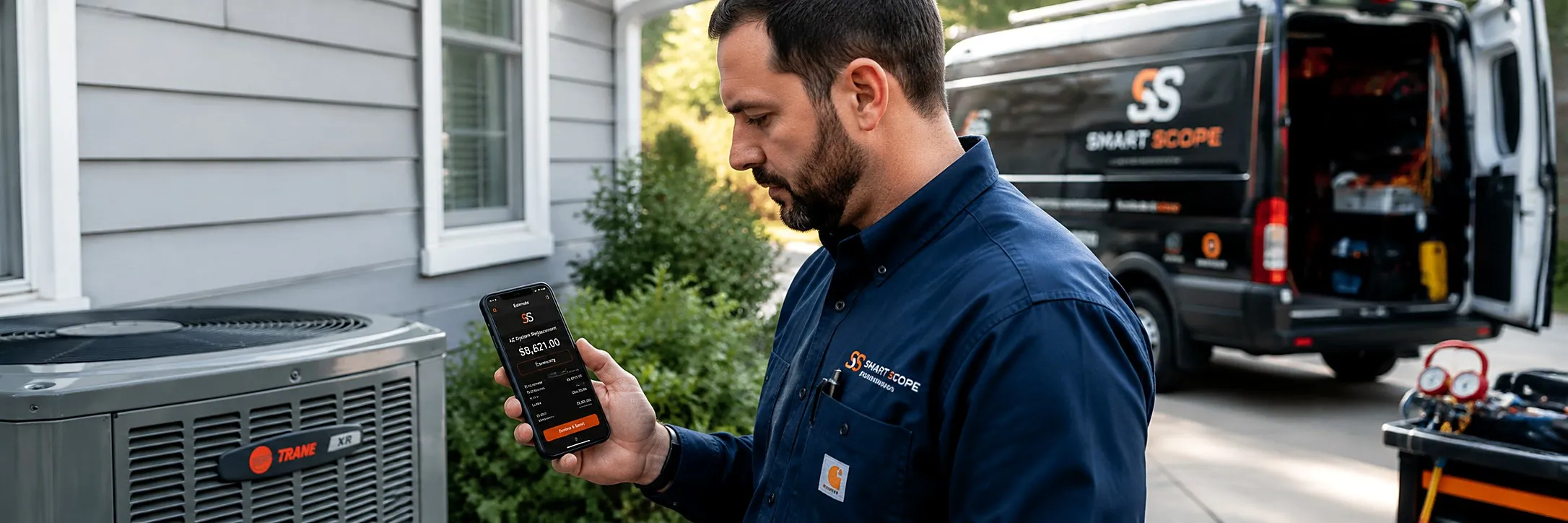 HVAC tech reviewing an $8,621 AC system replacement estimate in the Smart Scope app beside a Trane condenser, with a branded service van behind him