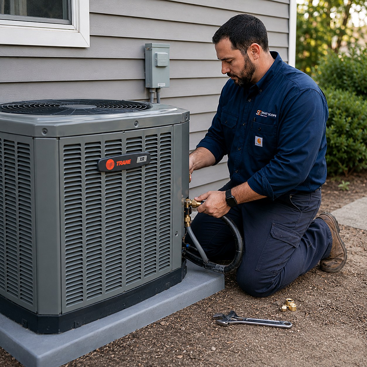 HVAC tech connecting the line set on a new Trane condenser during an AC system replacement