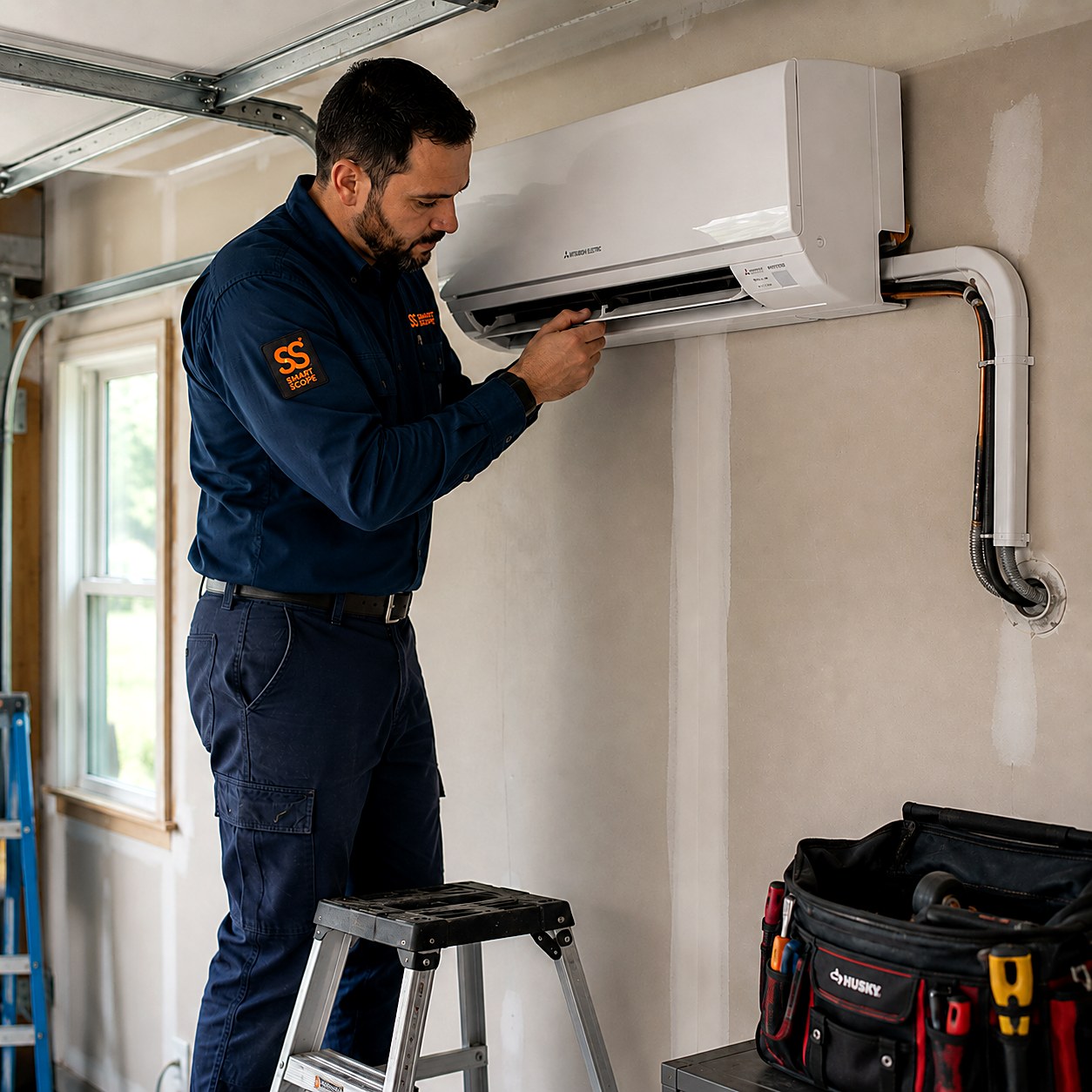 HVAC tech installing a wall-mounted ductless mini-split head unit in a garage, line set routed through the exterior wall