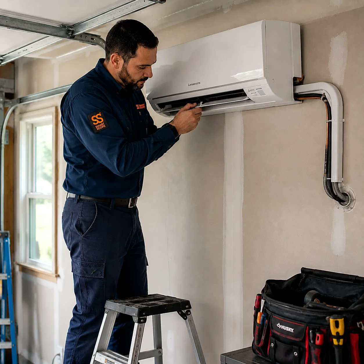 HVAC tech installing a wall-mounted ductless mini-split head unit in a garage, line set routed through the exterior wall
