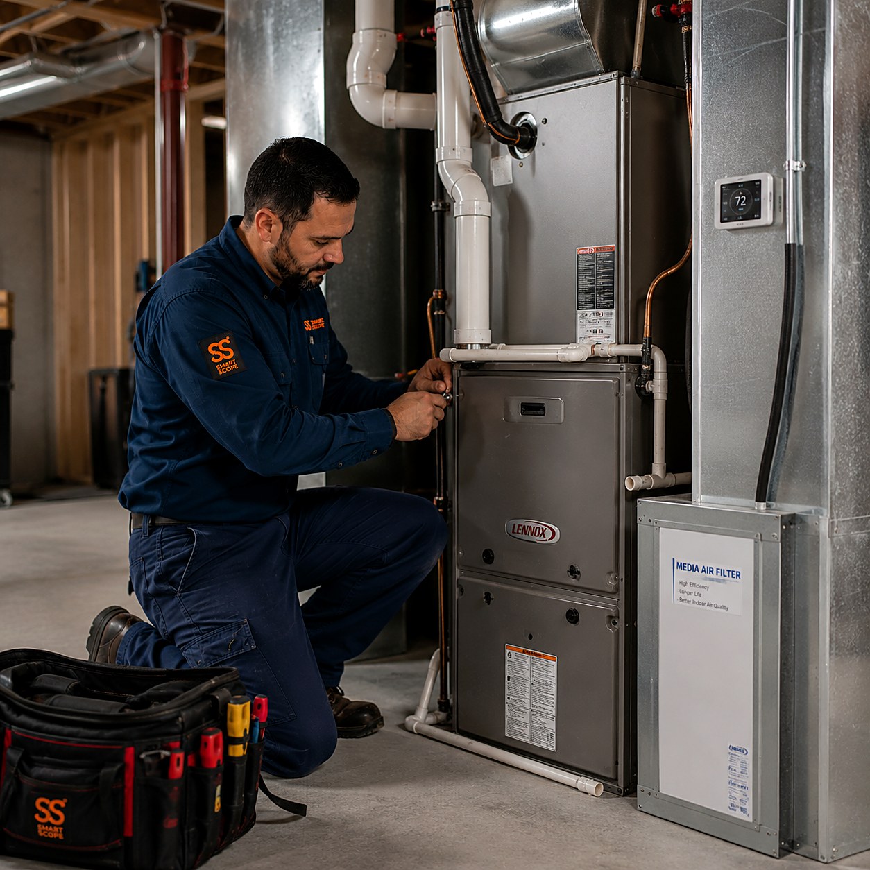 HVAC tech servicing a high-efficiency Lennox furnace with media air filter cabinet and smart thermostat during a furnace and coil swap