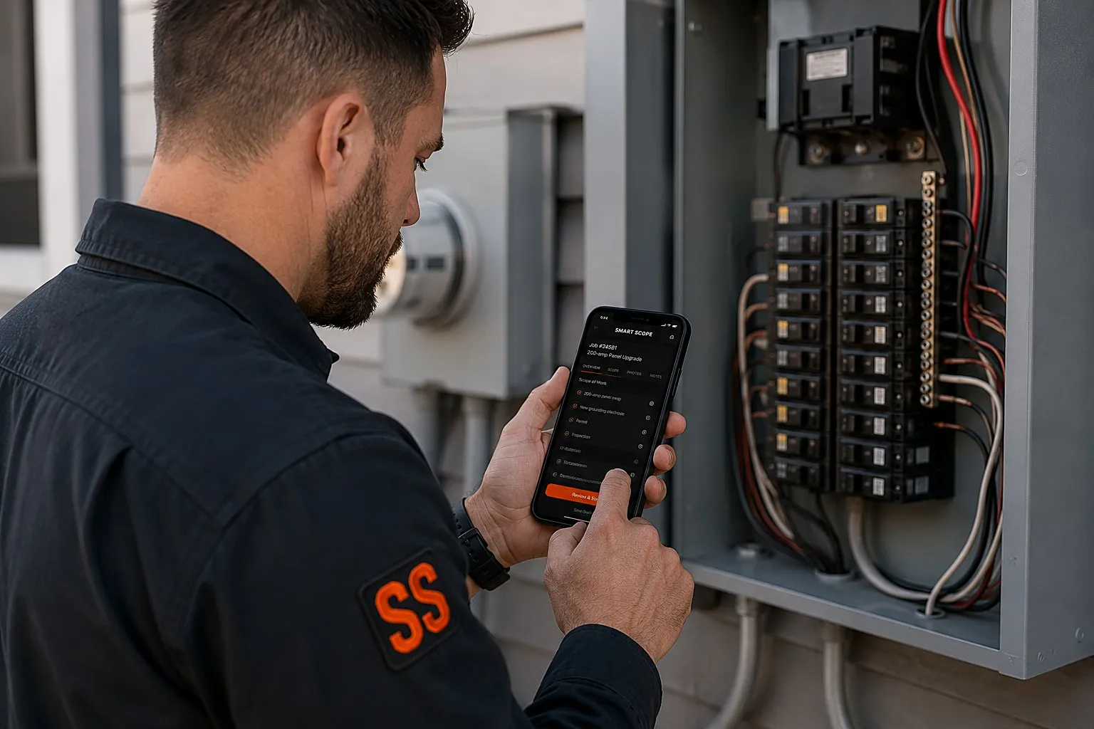 Electrician at an exterior breaker panel reviewing the 200-amp panel upgrade scope of work in the Smart Scope app