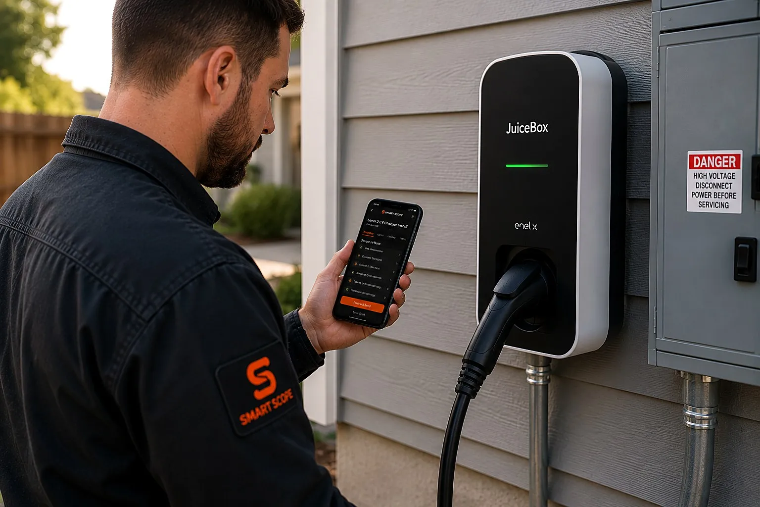 Electrician reviewing a Level 2 EV charger install scope in the Smart Scope app beside an exterior wall-mounted JuiceBox charger