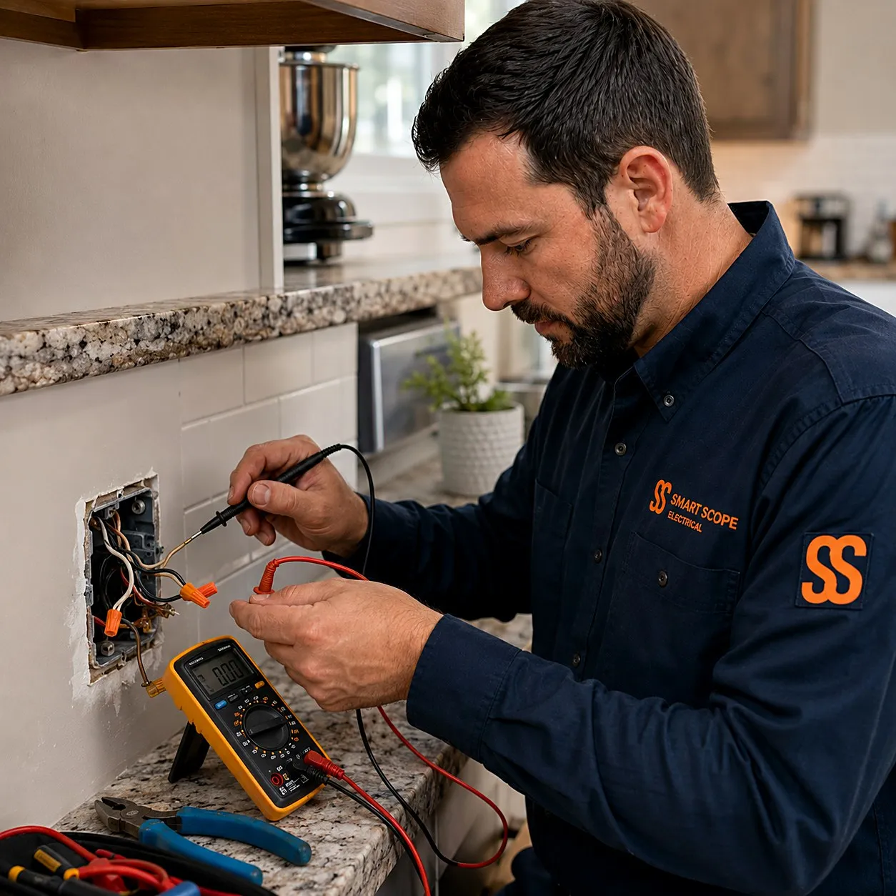 Electrician testing wires with a multimeter at an open kitchen junction box while troubleshooting a dead circuit