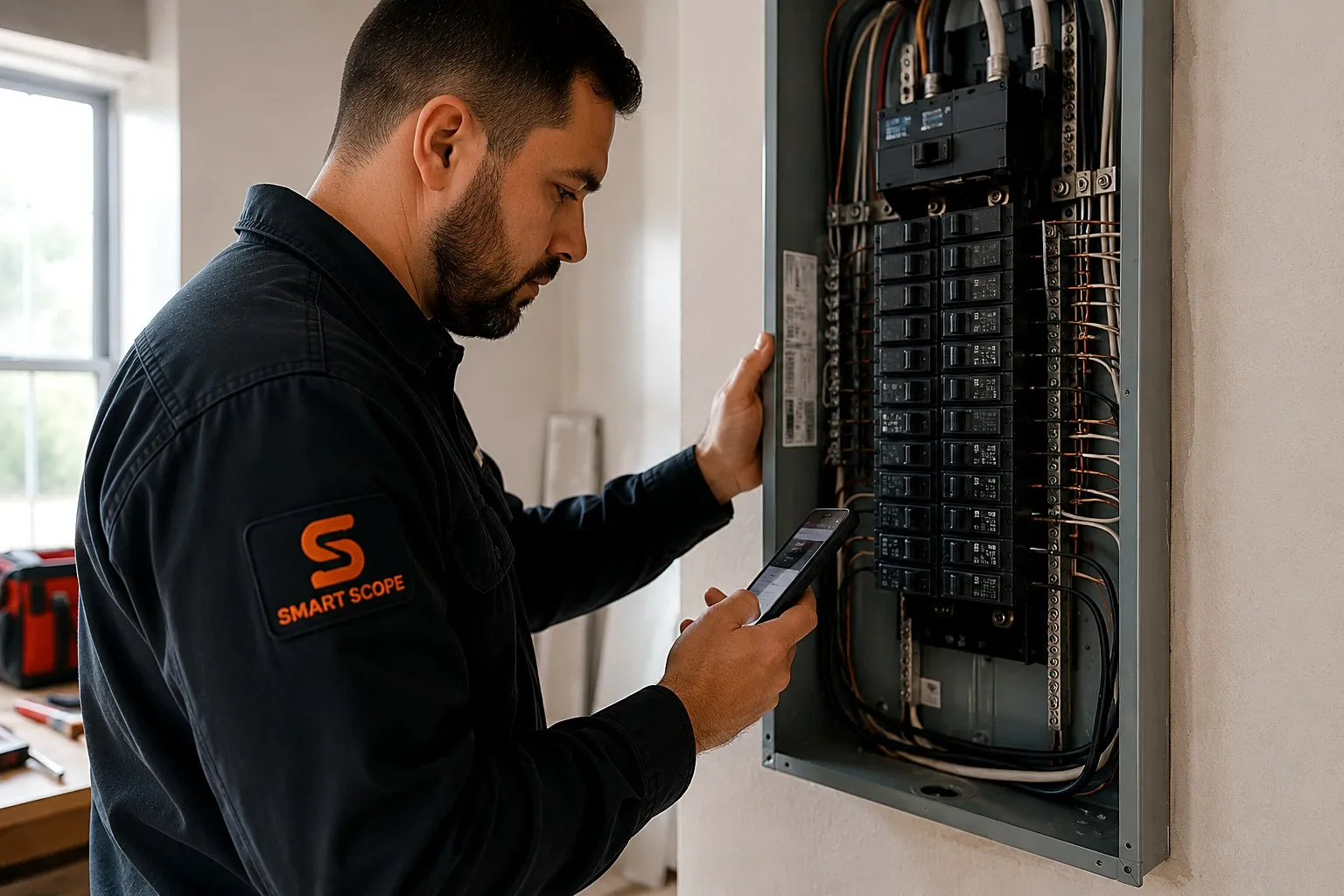 Electrician at an open breaker panel reviewing a $2,842 panel upgrade estimate in the Smart Scope app