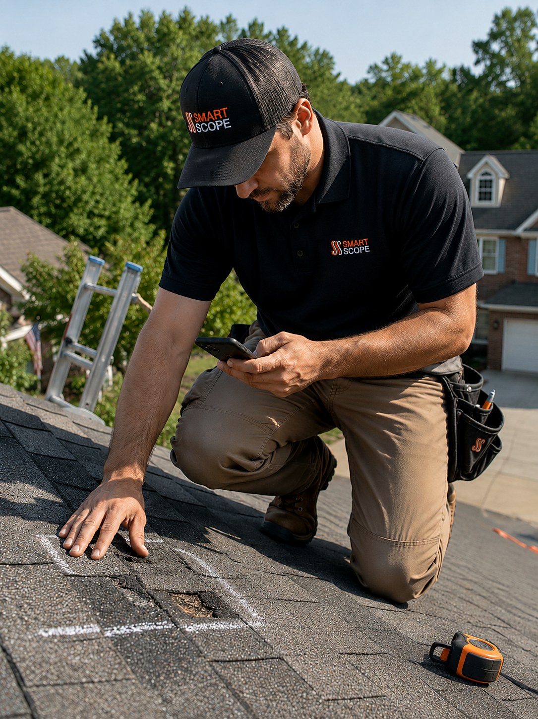 Roofer kneeling on a shingle roof photographing chalk-marked hail damage with the Smart Scope app