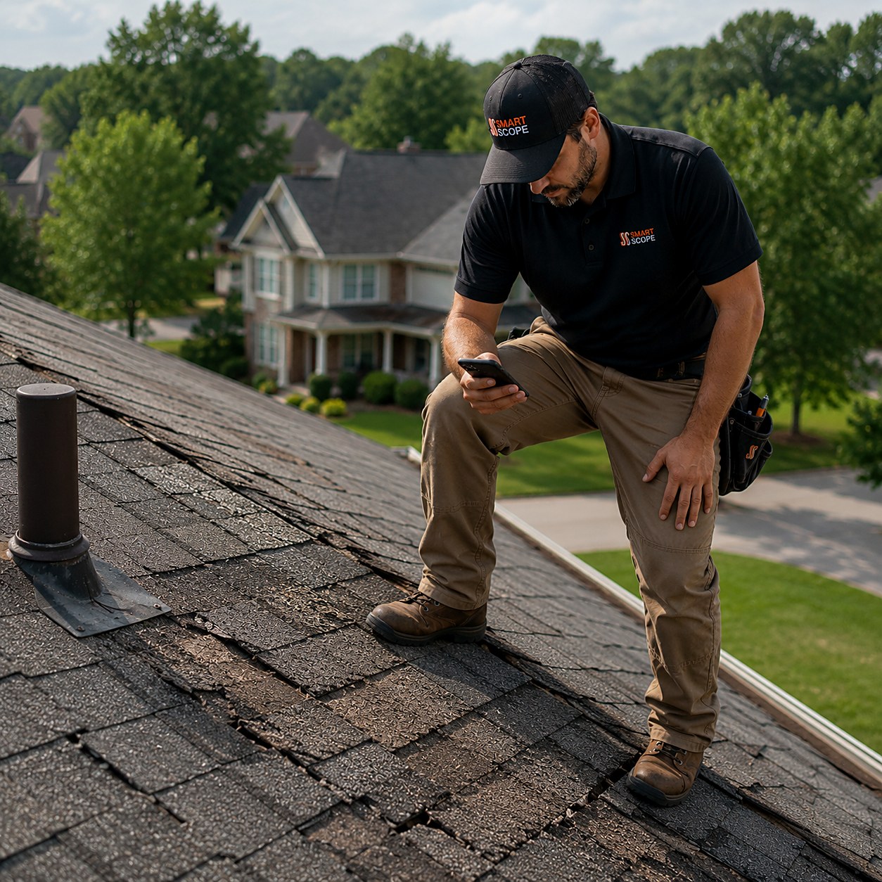 Roofer standing on an aging shingle roof scoping a full replacement in the Smart Scope app