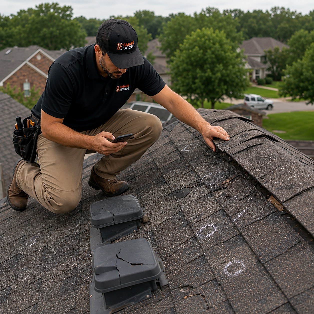 Roofer documenting chalk-marked hail impacts, cracked vents, and a lifted ridge cap during a storm damage inspection