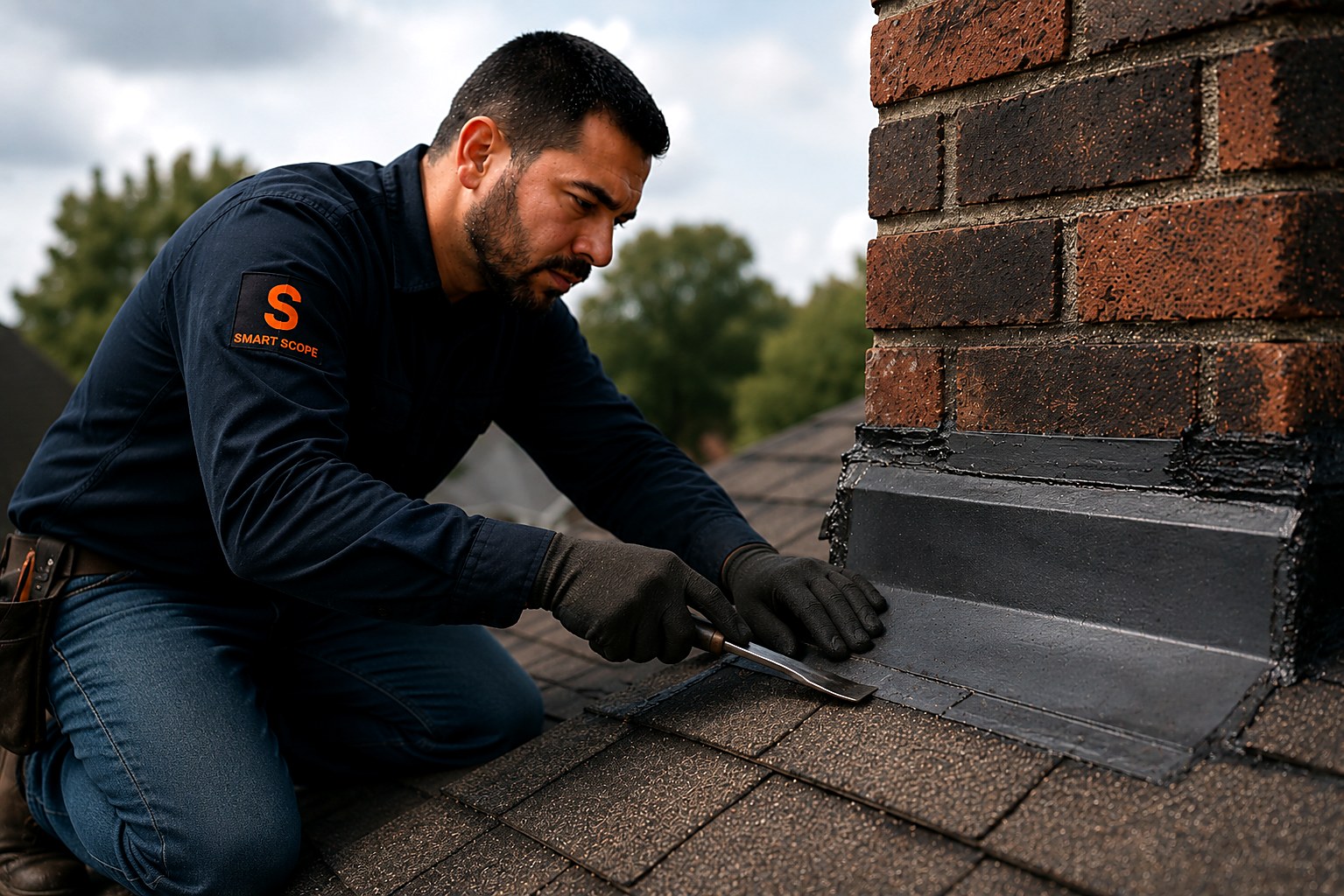 Roofer repairing step flashing at the base of a brick chimney on a shingle roof