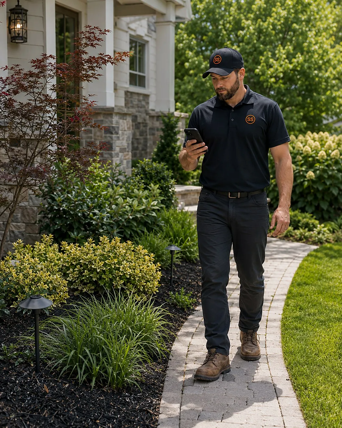 Landscaper walking a paver path through manicured garden beds while building a bid in the Smart Scope app