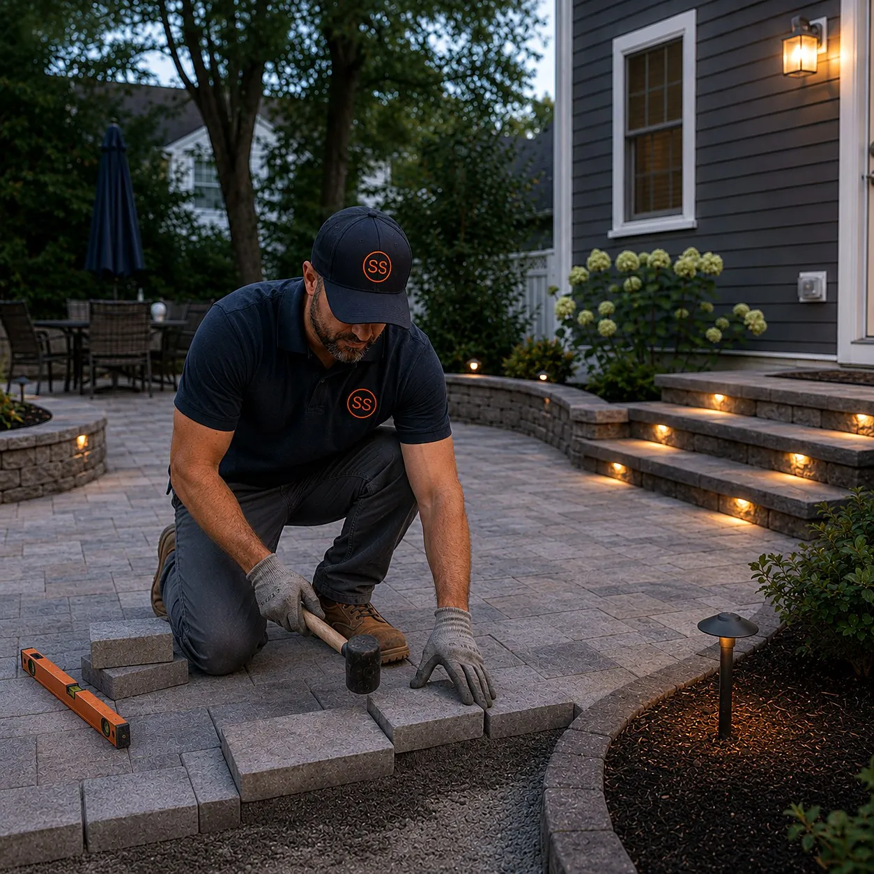Landscaper setting pavers with a mallet on a new patio at dusk, low-voltage step lighting glowing behind him