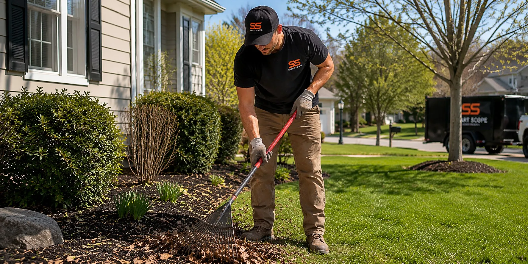 Landscaper raking debris from a freshly mulched garden bed during a spring cleanup, branded trailer in the background