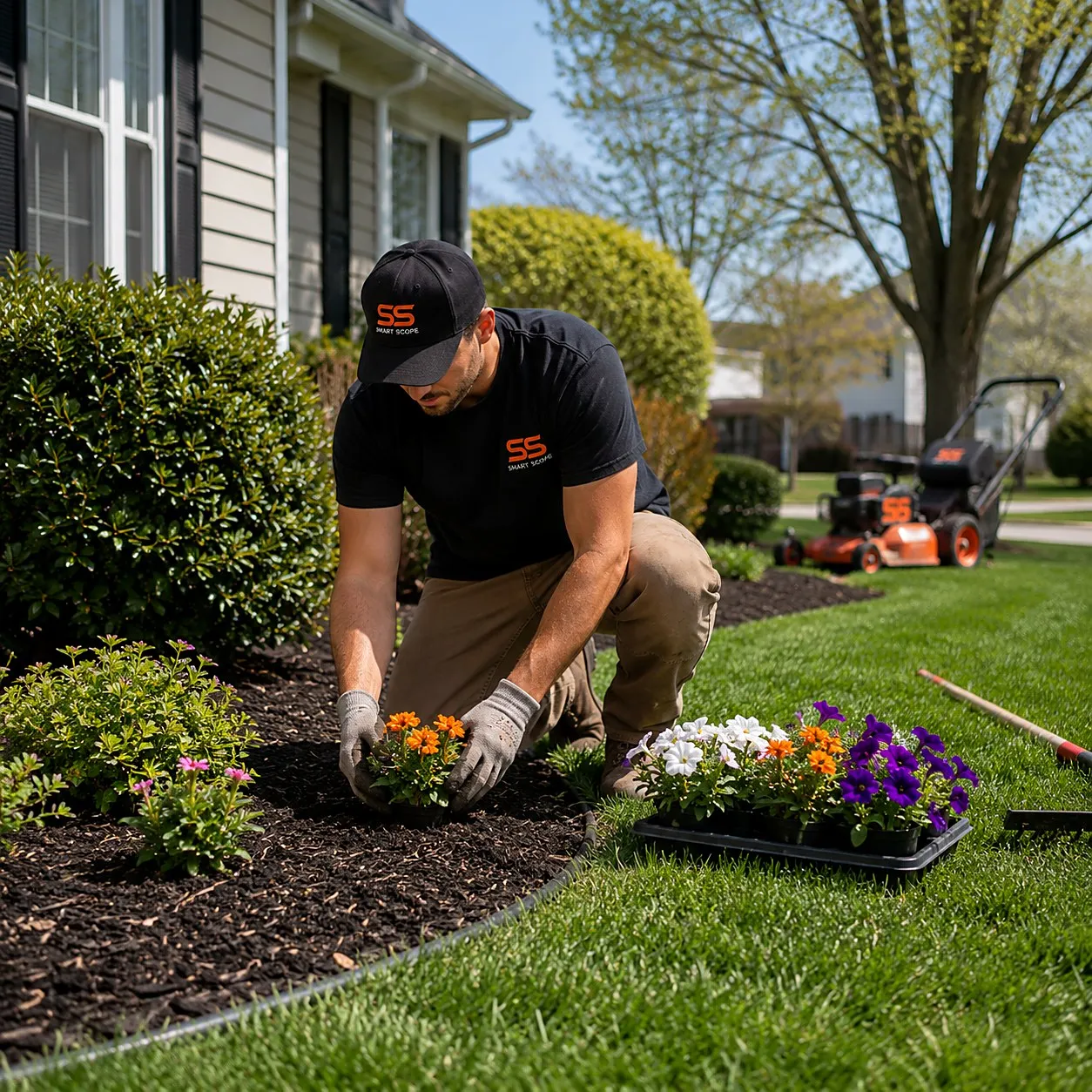 Landscaper planting seasonal flowers in a fresh mulch bed beside a striped lawn with a mower in the background