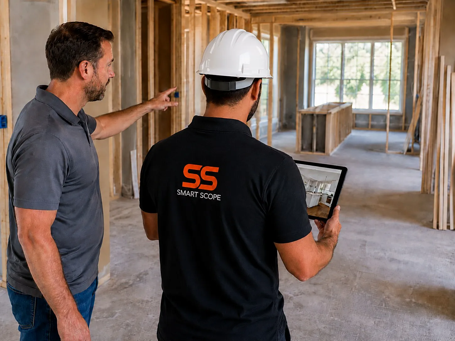 General contractor and homeowner walking a framed-out remodel while reviewing the finished kitchen design in Smart Scope on a tablet
