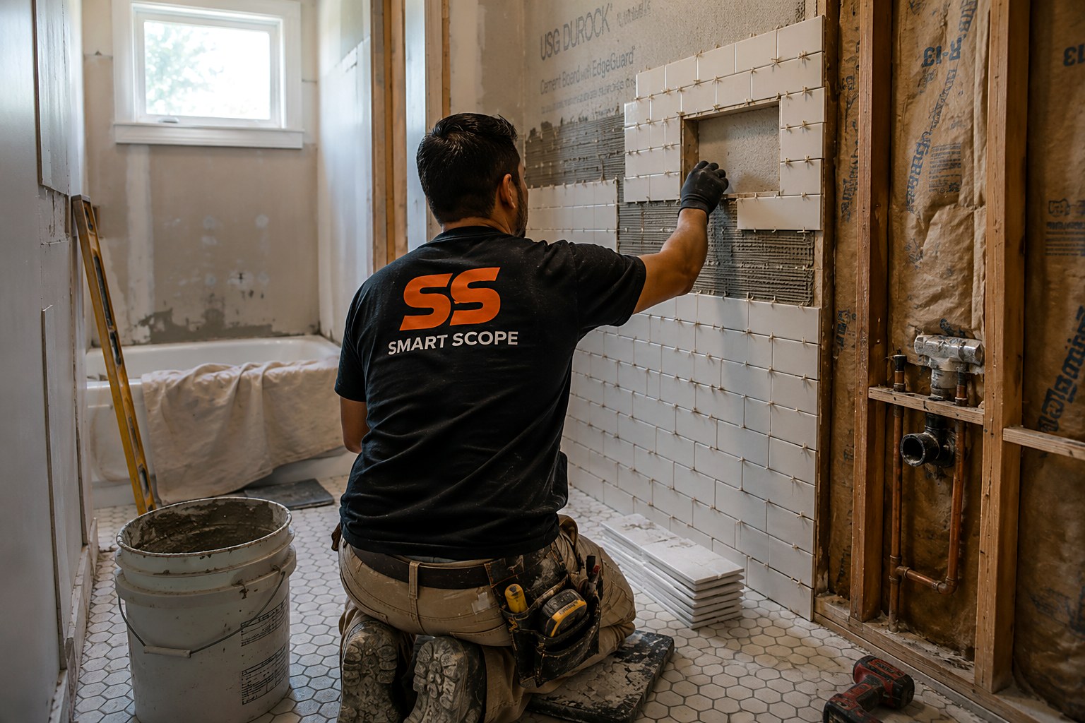 Contractor in a Smart Scope shirt tiling a new shower surround with a niche during a hall bath renovation, tub and exposed plumbing visible
