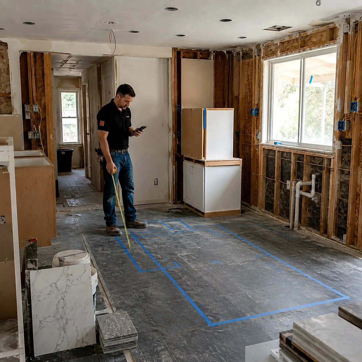 Contractor measuring a fully gutted kitchen with the new island footprint taped on the floor and a quartz slab staged nearby