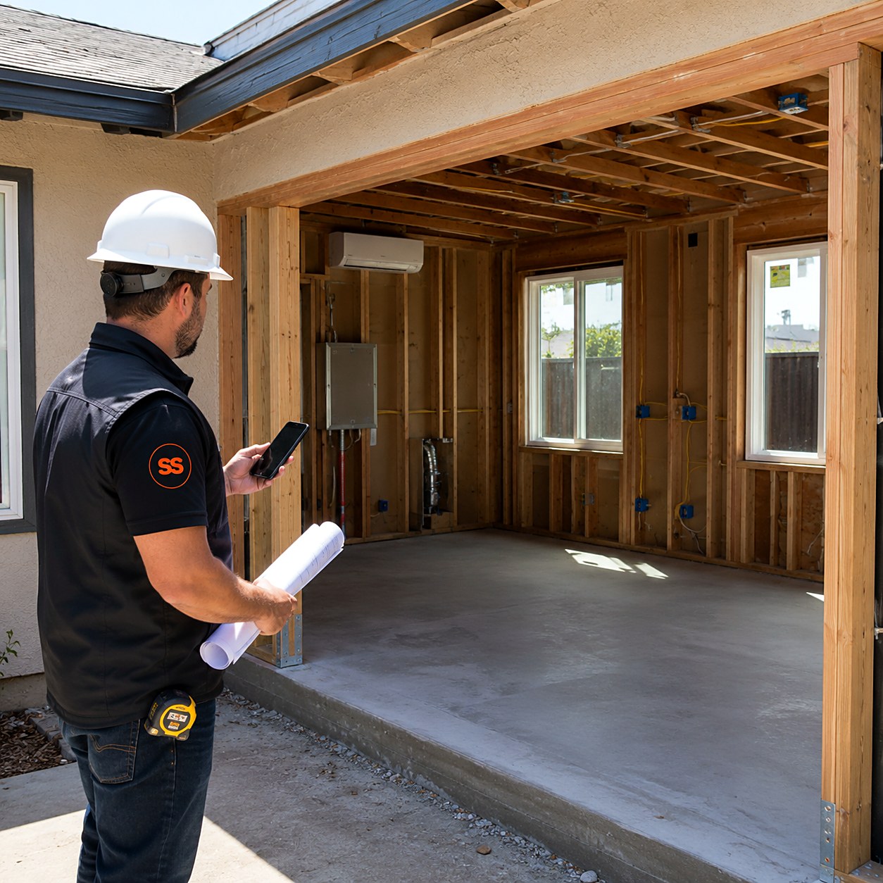 Contractor with plans and phone scoping a framed home addition on a new slab with roof tie-in, windows, wiring, and a mini-split installed