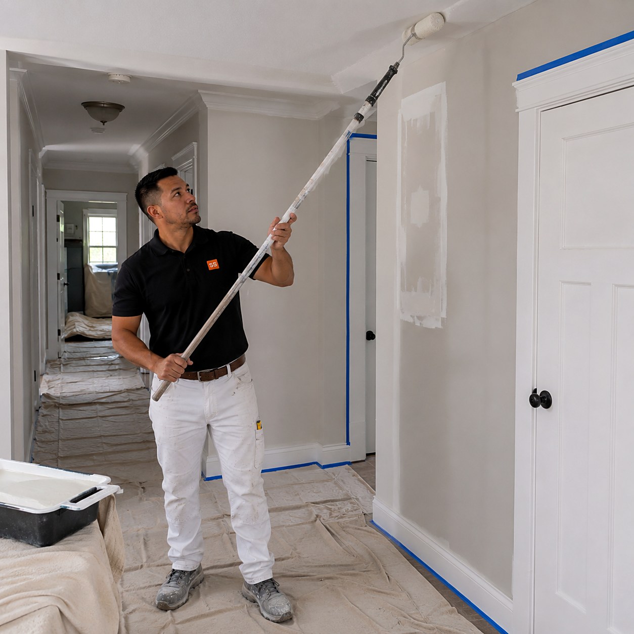 Painter rolling a ceiling with an extension pole during a whole-home interior repaint, with patched drywall, taped trim, and drop cloths through the hallway