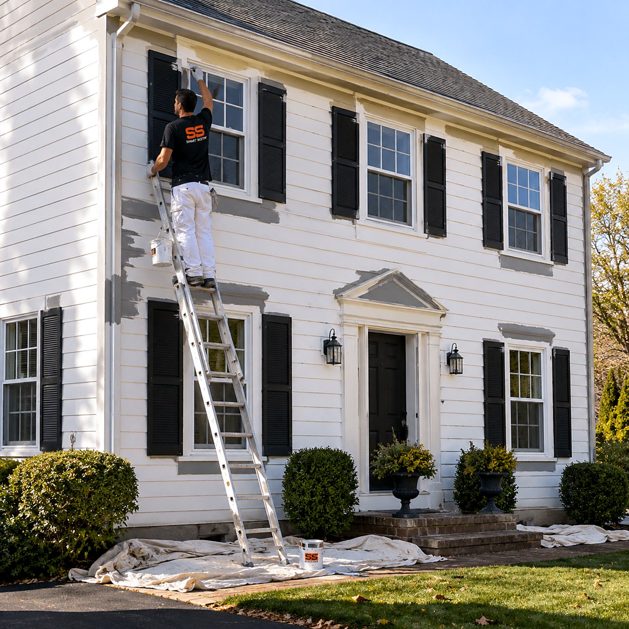 Painter on an extension ladder repainting a two-story colonial with black shutters, spot-primed siding patches, and drop cloths over the landscaping