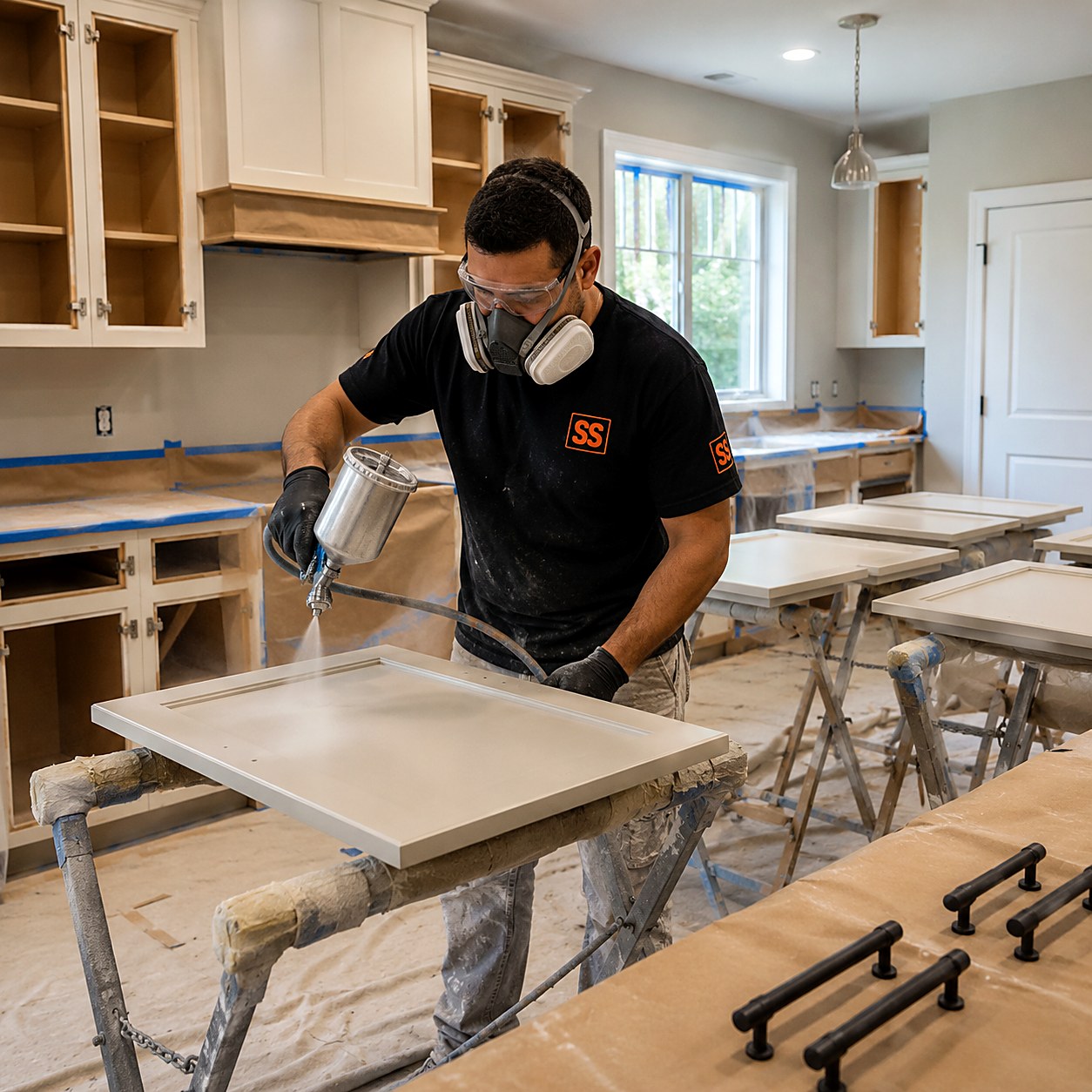Painter in a respirator spray-finishing cabinet doors on sawhorses during a kitchen cabinet refinish, with new black hardware staged nearby