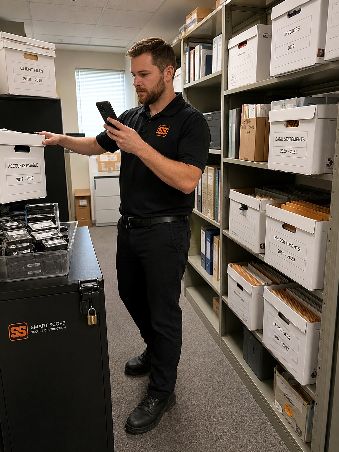 Document destruction tech photographing labeled records boxes in a file room next to a locked Smart Scope secure shred console and a bin of hard drives