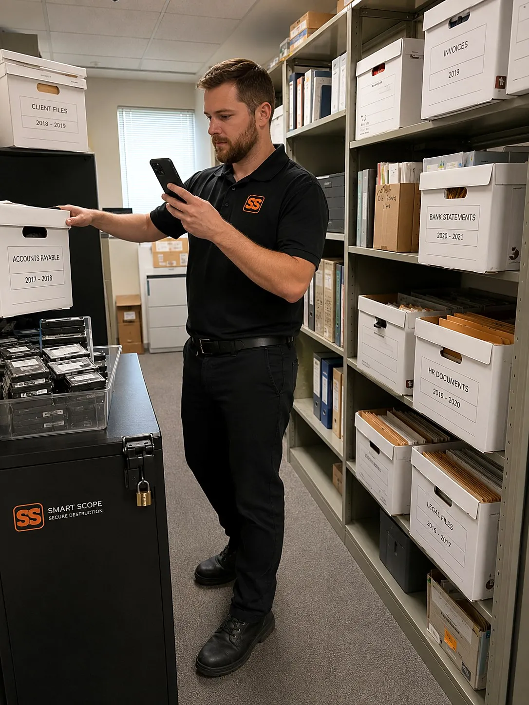 Document destruction tech photographing labeled records boxes in a file room next to a locked Smart Scope secure shred console and a bin of hard drives