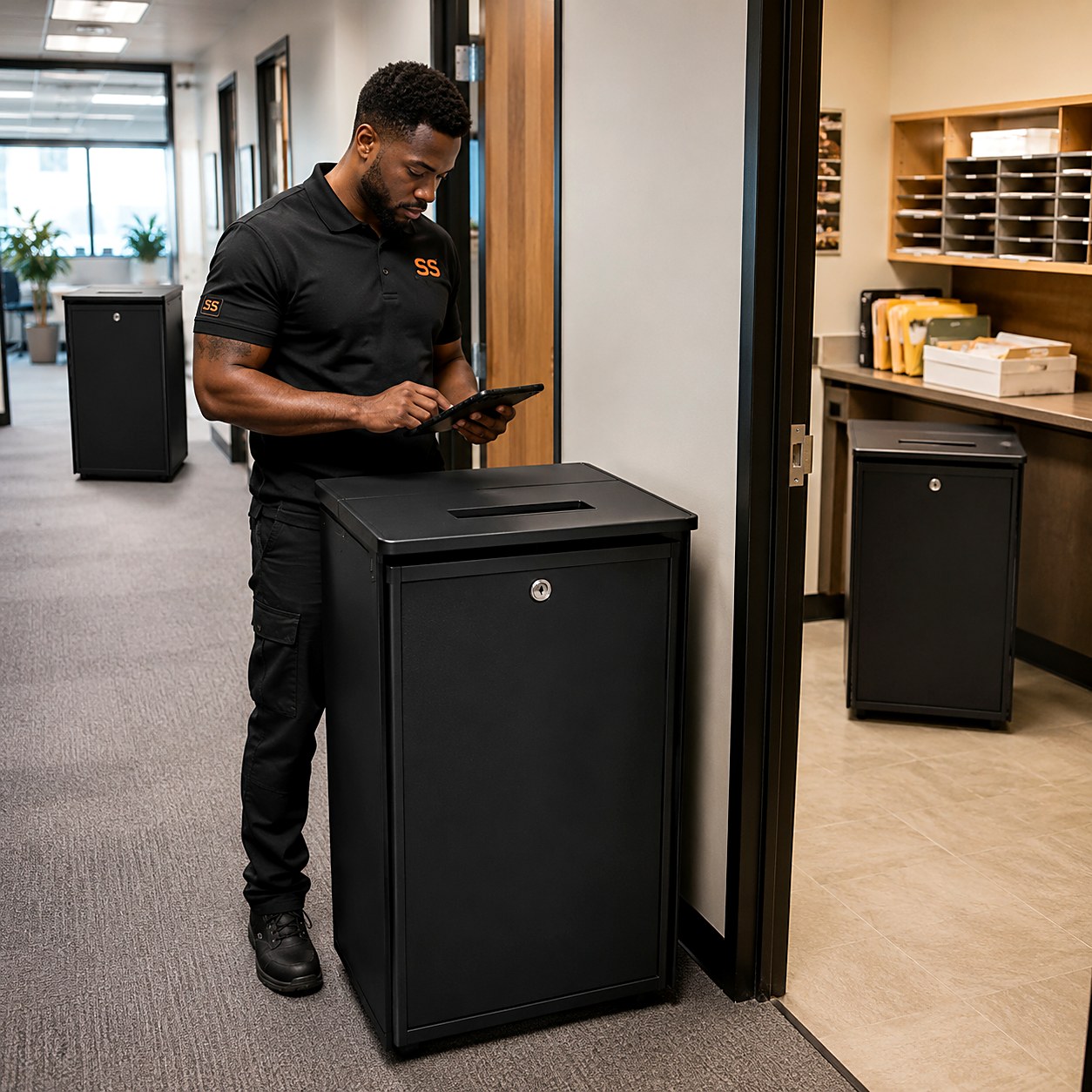 Document destruction tech with a tablet setting up locked shred consoles through an office, including one in the mailroom