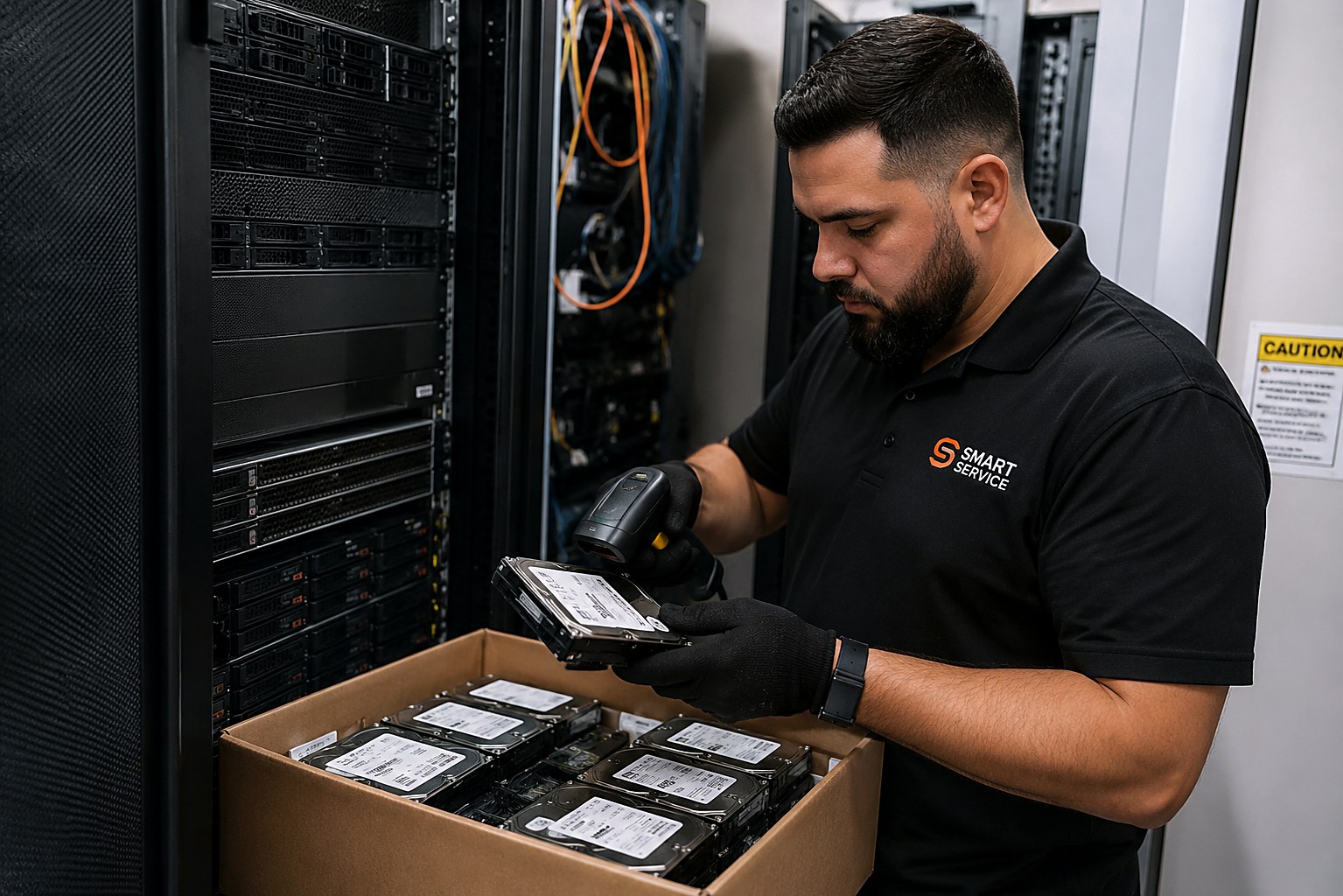 Technician barcode-scanning hard drive serial numbers from a box of drives in a server room for serialized destruction