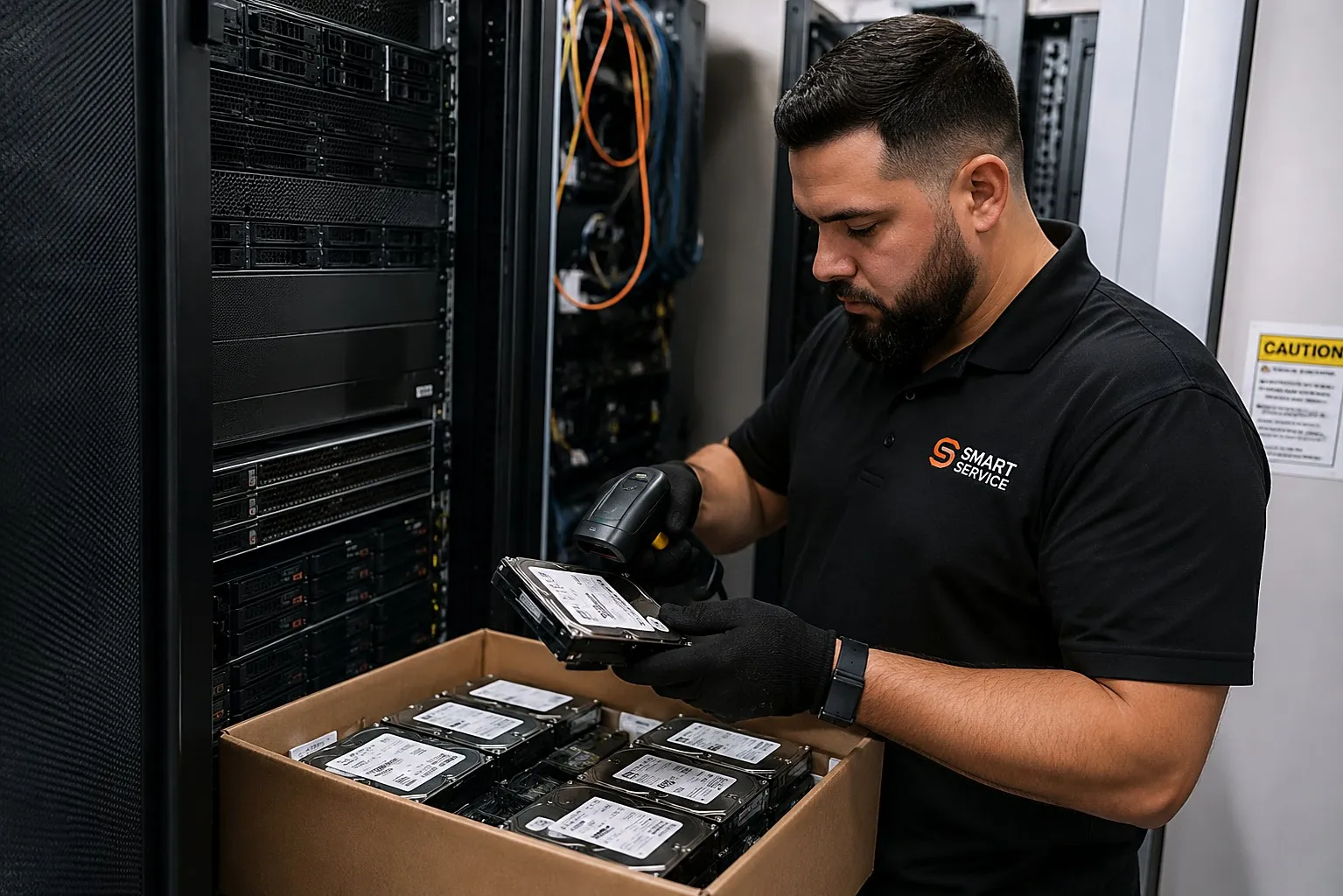 Technician barcode-scanning hard drive serial numbers from a box of drives in a server room for serialized destruction