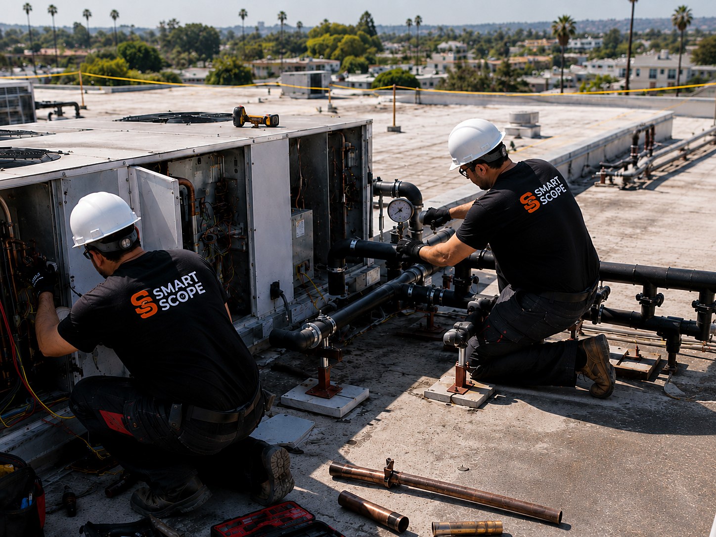 Two Smart Scope mechanical techs on a commercial rooftop servicing an opened RTU and hydronic piping with a pressure gauge in frame