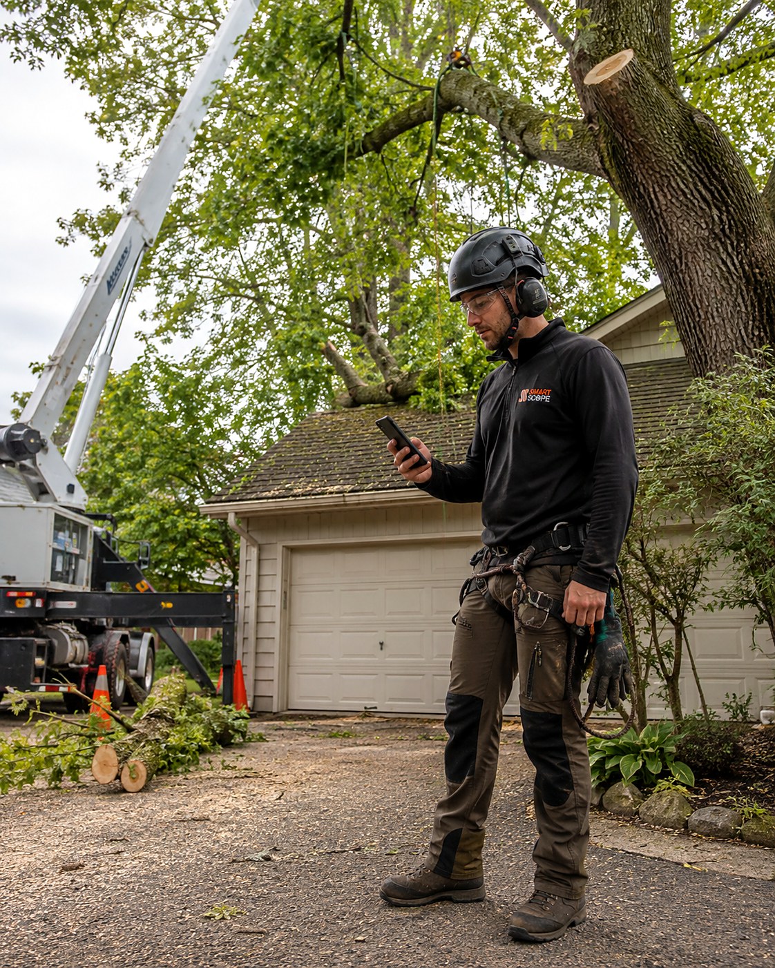 Smart Scope arborist in helmet and harness pricing a crane-assisted tree removal over a garage on his phone