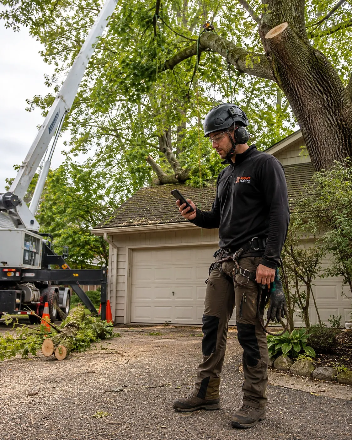 Smart Scope arborist in helmet and harness pricing a crane-assisted tree removal over a garage on his phone