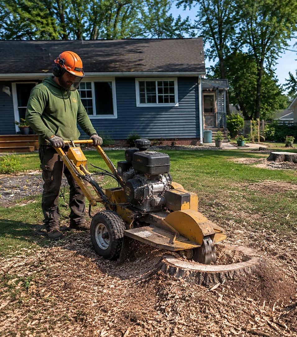 Operator grinding one of five backyard stumps with a walk-behind stump grinder, mulch left on site and more stumps waiting across both properties