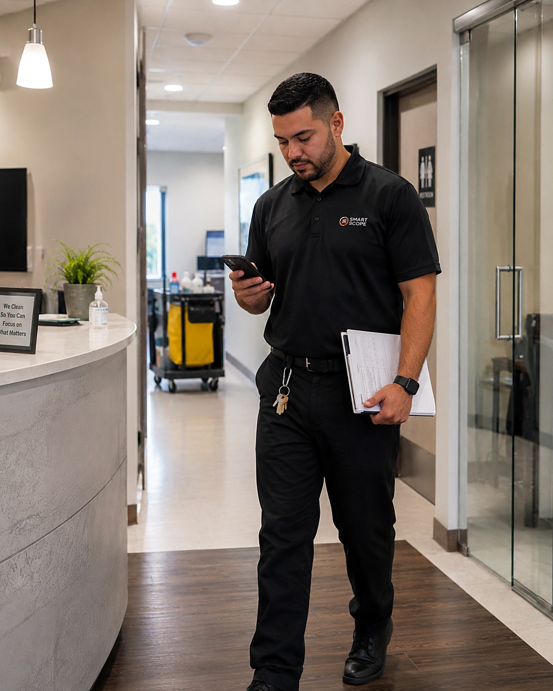 Smart Scope janitorial estimator walking a medical office suite with phone and clipboard, restroom sign and cleaning cart in the background