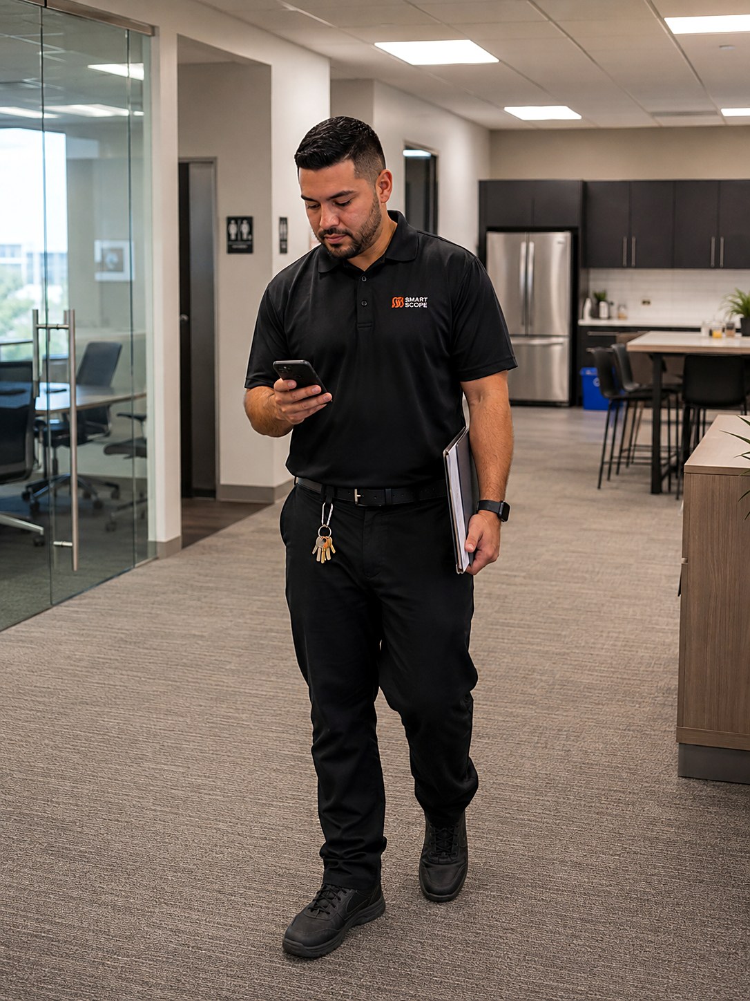 Smart Scope janitorial estimator walking a carpeted open office suite with kitchen and restrooms while building a nightly cleaning proposal on his phone