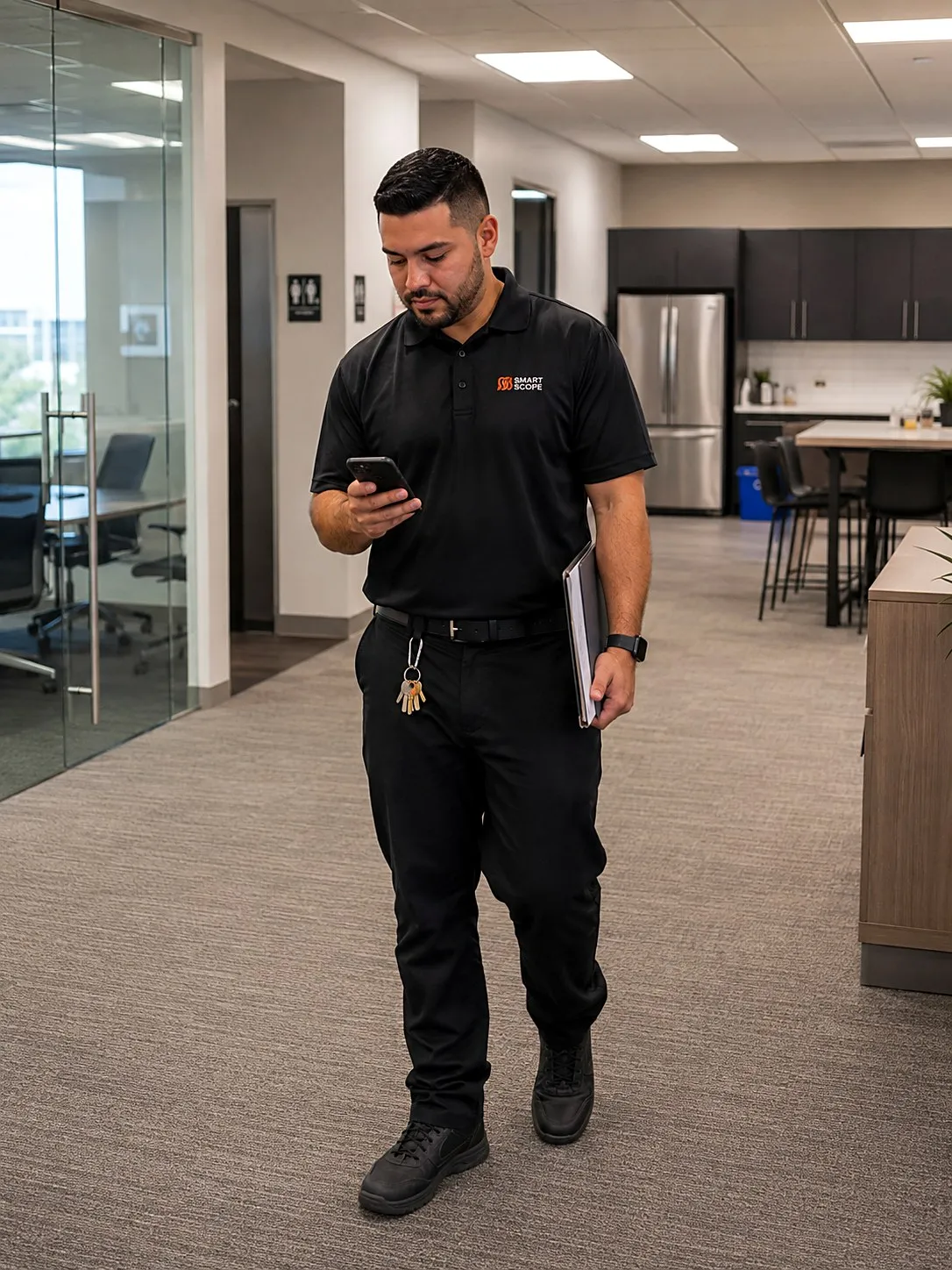Smart Scope janitorial estimator walking a carpeted open office suite with kitchen and restrooms while building a nightly cleaning proposal on his phone