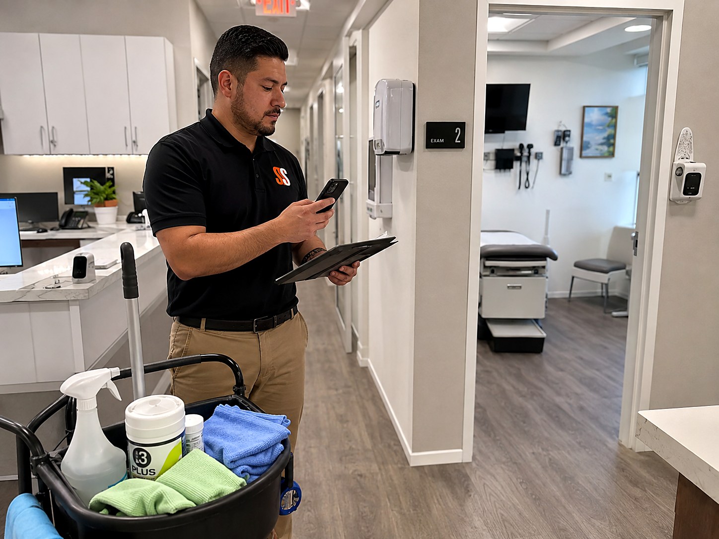 Janitorial estimator documenting a medical office exam room on his phone with a disinfection-stocked cleaning cart beside him