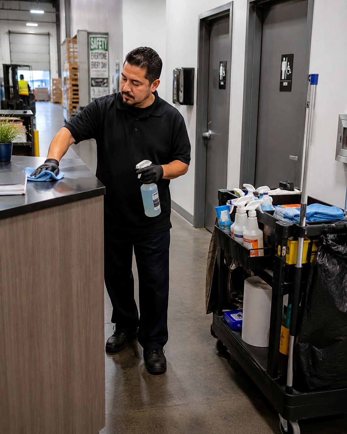 Day porter wiping the front office counter of a warehouse midday, crew restrooms and stocked cleaning cart beside him, forklift working in the background