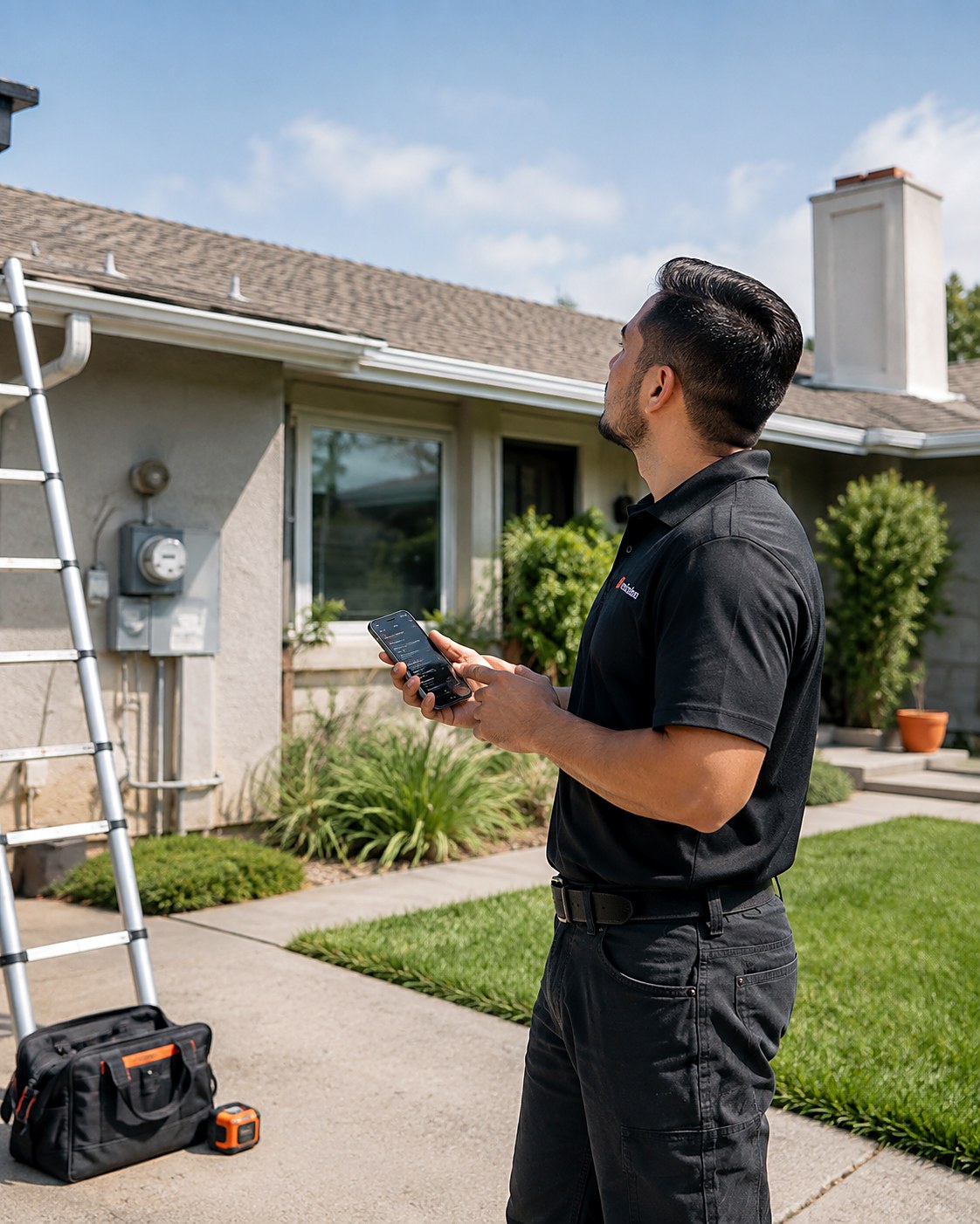 Solar surveyor sizing up a home's roof with the Smart Scope app, ladder at the eave and electric meter in view