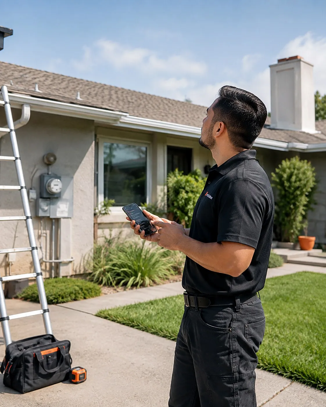 Solar surveyor sizing up a home's roof with the Smart Scope app, ladder at the eave and electric meter in view