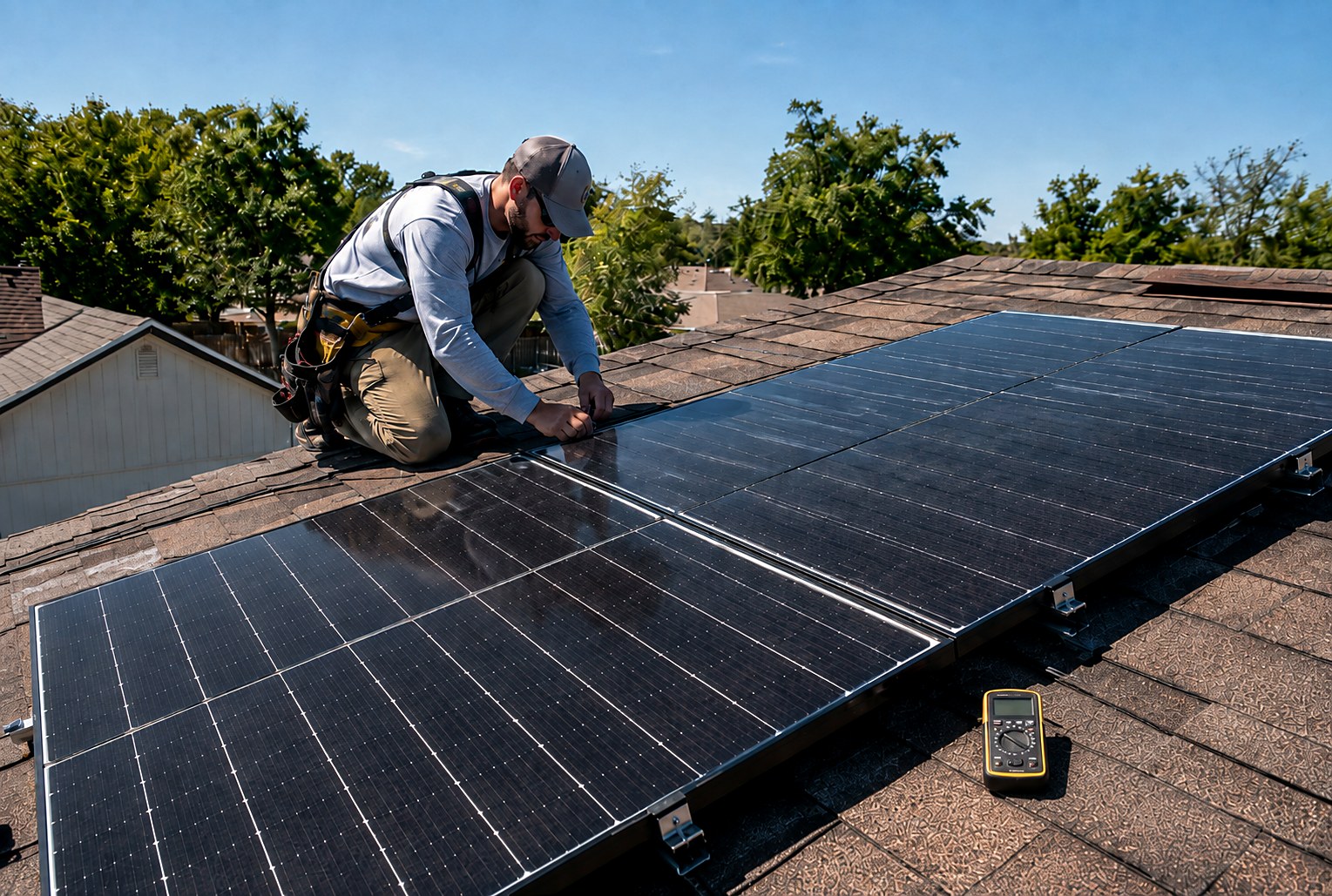 Harnessed installer flush-mounting solar panels on a comp shingle roof with a multimeter staged nearby
