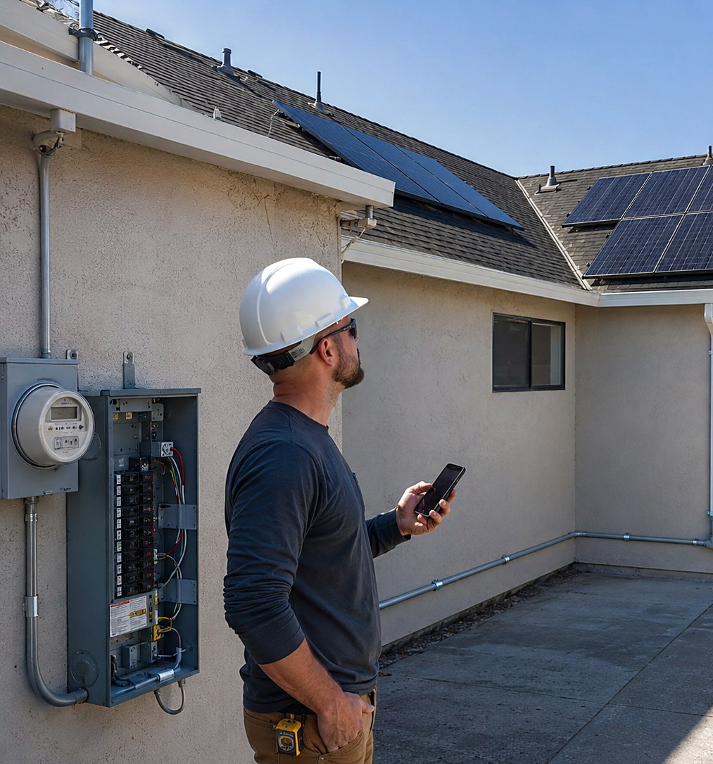 Solar estimator at an open 200-amp main panel reviewing a two-plane rooftop system on his phone, conduit running toward the detached garage