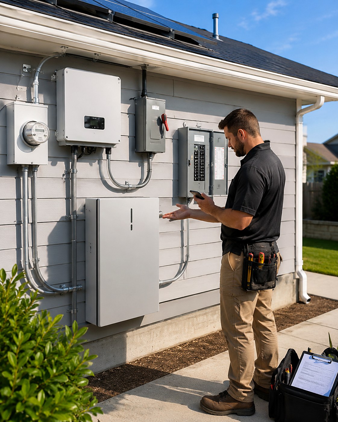Solar tech quoting a 13.5 kWh home battery add-on beside the inverter, gateway, and open critical loads panel, existing rooftop array above